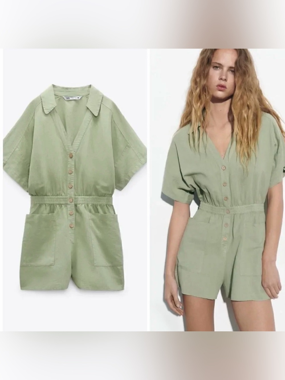 Zara Linen Blend Oversized Jumpsuit Romper Shorts size xs green belted